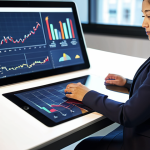 A professional woman, mid-30s, of diverse ethnicity, fully clothed in a modest business suit, sitting at a sleek, modern office desk. Her hand is thoughtfully resting near a tablet displaying complex economic charts and data, while a subtle, warm, abstract light emanates from behind her, symbolizing emotional influence in decision-making. The background is a clean, bright office environment with soft focus. professional photography, high quality, perfect anatomy, correct proportions, natural pose, well-formed hands, proper finger count, natural body proportions, safe for work, appropriate content, family-friendly, modest clothing.