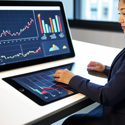 Home 4 A professional woman, mid-30s, of diverse ethnicity, fully clothed in a modest business suit, sitting at a sleek, modern office desk. Her hand is thoughtfully resting near a tablet displaying complex economic charts and data, while a subtle, warm, abstract light emanates from behind her, symbolizing emotional influence in decision-making. The background is a clean, bright office environment with soft focus. professional photography, high quality, perfect anatomy, correct proportions, natural pose, well-formed hands, proper finger count, natural body proportions, safe for work, appropriate content, family-friendly, modest clothing.