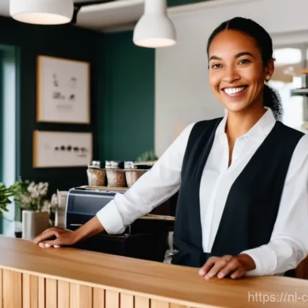 소비자 만족도와 감정의 상관성 - **Prompt:** A diverse customer, perhaps in their 30s or 40s, with a genuine, warm smile, stands at a...