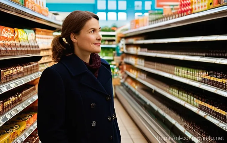 감정 경제학적 소비자 행동 연구 - **A Dutch supermarket aisle, evoking nostalgia:** A woman in her late 30s, with a warm, contemplativ...