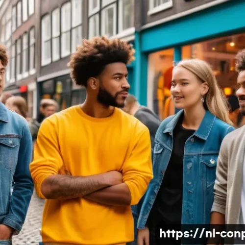 Home 33 사회적 상호작용과 감정적 소비 행동 - A vibrant urban shopping scene in Amsterdam, featuring a diverse group of young Dutch adults in thei...
