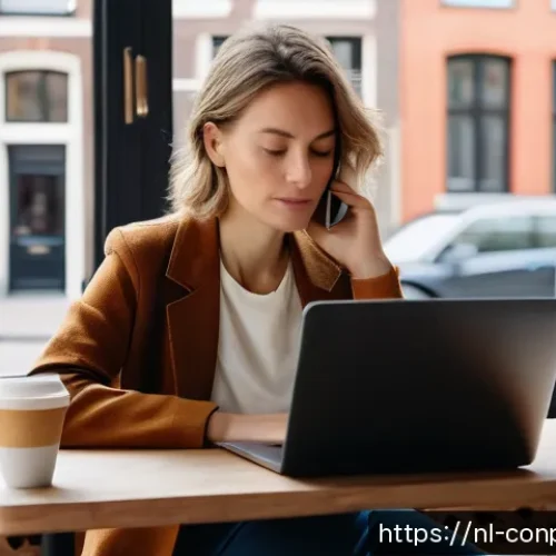 Home 32 행동경제학적 분석을 통한 감정 경제학 - A modern Dutch woman in her early 30s sitting at a cozy café table with a laptop and smartphone, loo...