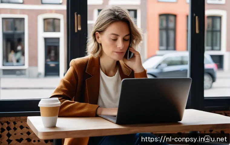 행동경제학적 분석을 통한 감정 경제학 - A modern Dutch woman in her early 30s sitting at a cozy caf&eacute; table with a laptop and smartphone, loo...