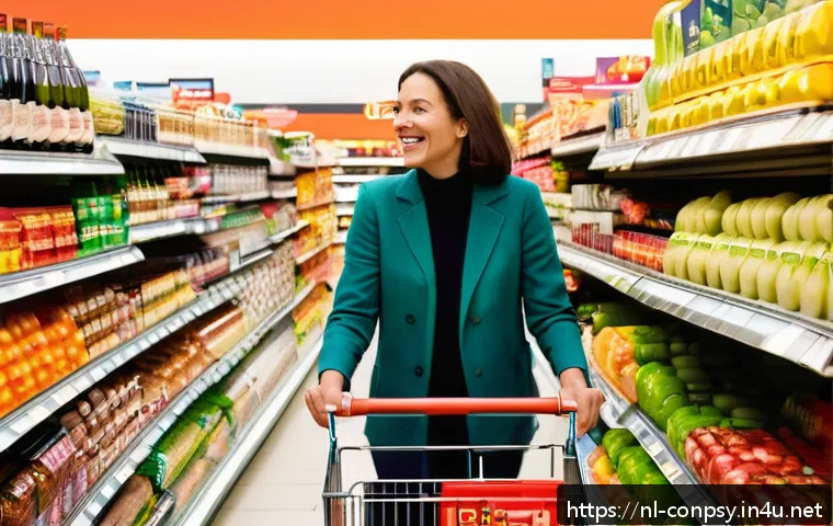 소비자 심리학과 감정 경제학의 차이 - A vibrant Dutch supermarket aisle scene showing diverse shoppers making impulsive purchases influenc...