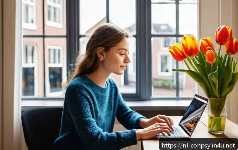 소비자 감정과 시간의 관계 - A modern Dutch online shopping scene featuring a young adult woman sitting comfortably at a cozy hom...