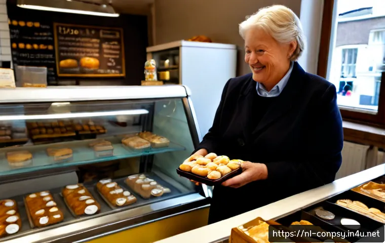 감정 경제학적 마케팅 전략 - Photorealistic Dutch neighborhood bakery interior, an empathetic shop owner warmly offering a small ...